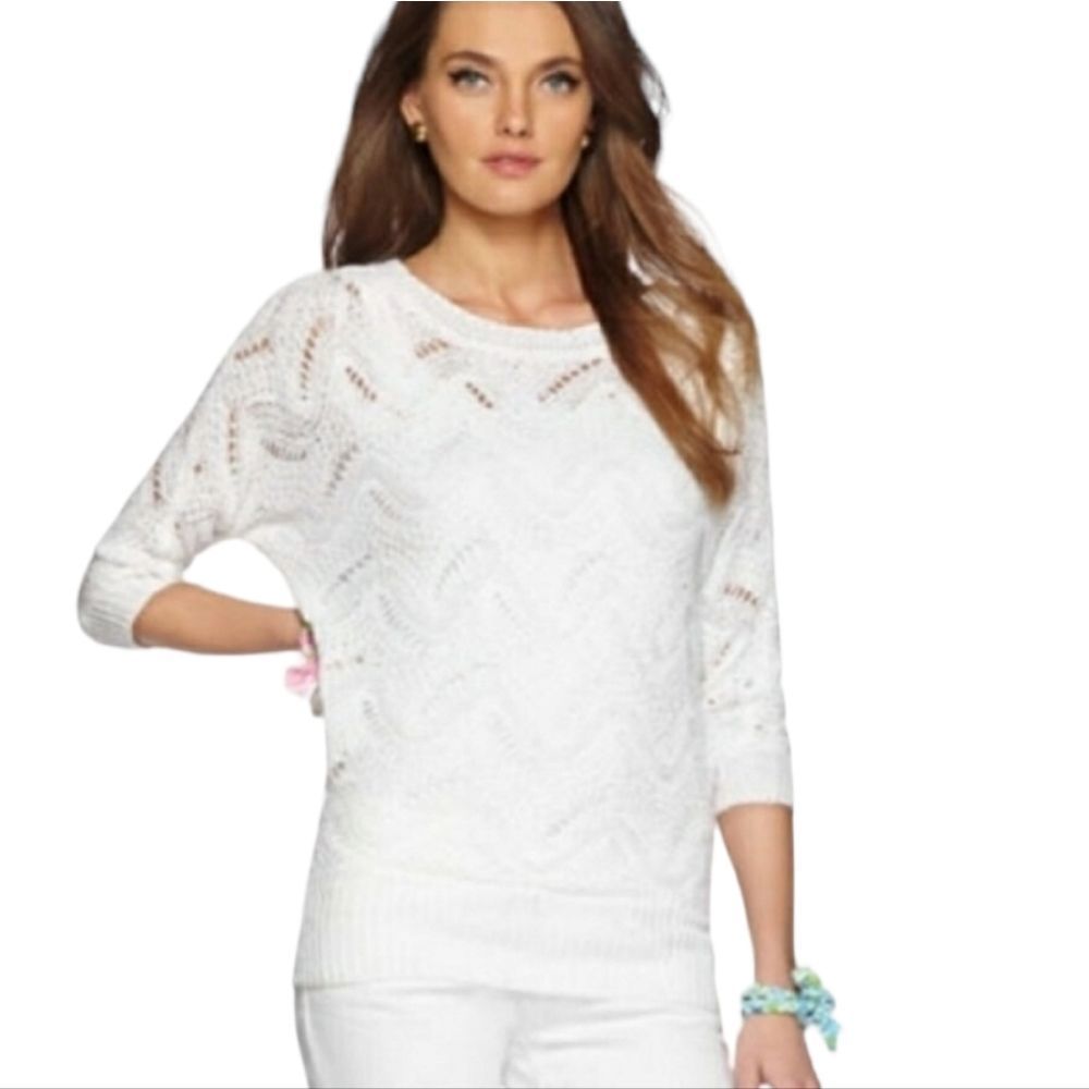 Lilly Pulitzer White Open Knit Ofd Shoulder Sweater Medium Large - Picture 2 of 11